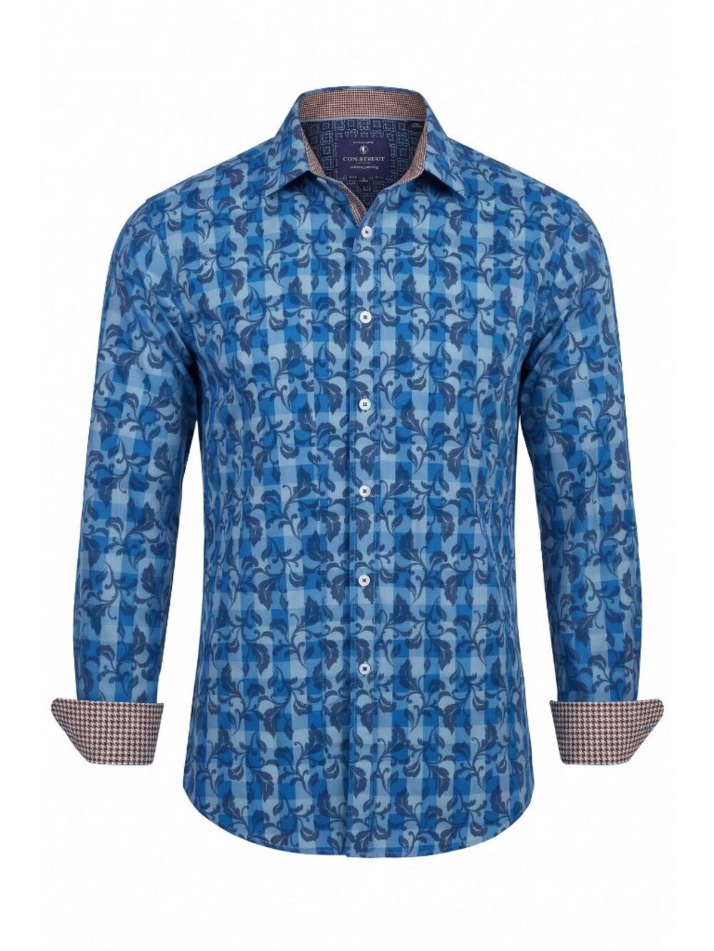 Con.Struct Men Large Blue Floral Plaid Shirt 4-Way Stretch Flip Cuff Long Sleeve